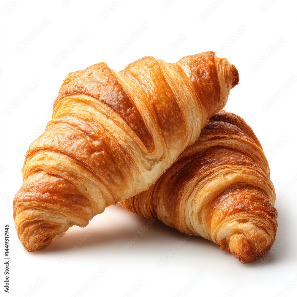 Two golden croissants, layered and flaky, sit atop each other, with a light golden-brown hue Two golden croissants, layered and flaky, sit atop each other, with a light golden-brown hue