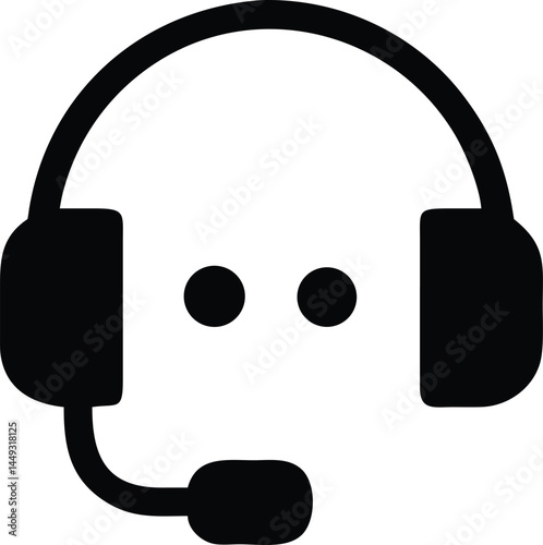 Black headset icon shows support communication with an abstract minimal face design