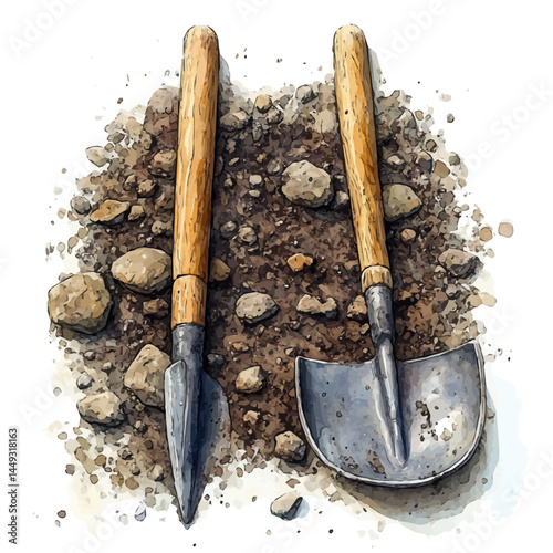 Rake And Spade Crossed On The Ground, vector watercolor illustration, isolated on a white background.