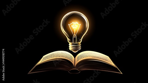 Illuminated Lightbulb Hovering Over Open Book With Black Background Glows Brightly