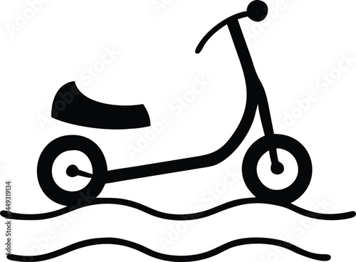Black icon presents modern scooter riding playfully atop waves concept
