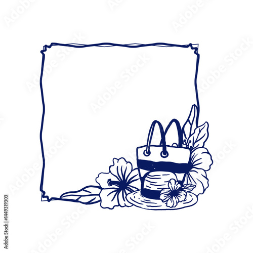 Square decorative frame with a beach bag, straw hat, and hibiscus flowers at the bottom. Vector illustration perfect for summer flyers, invitations, stories, and greeting cards.