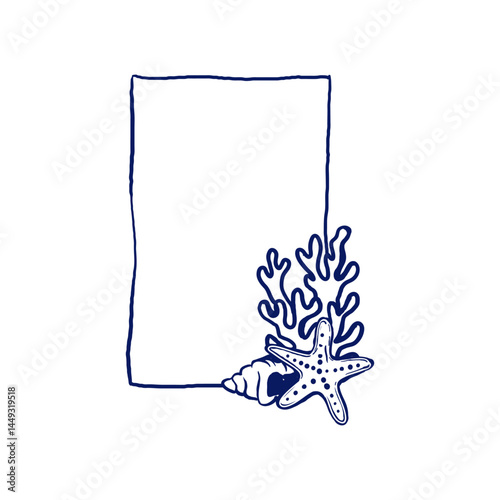Frame with starfish, coral, and shell at the bottom
 Hand-drawn in line art style.