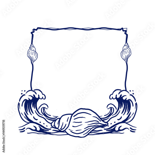 Square frame with waves and a seashell at the bottom