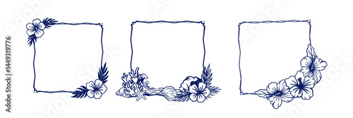 Square frame set with tropical flowers, waves, and corals