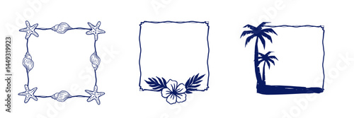 Vector square frame with a central tropical hibiscus flower and palm leaves at the bottom. Suitable for invitations, posters, greeting cards, and summer-themed content.