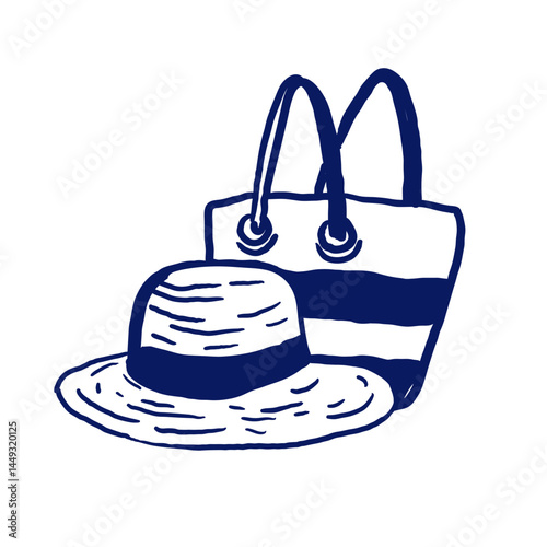 Beach bag and straw sun hat — isolated vector illustration