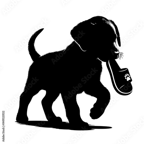 Puppy carrying slipper silhouette illustration