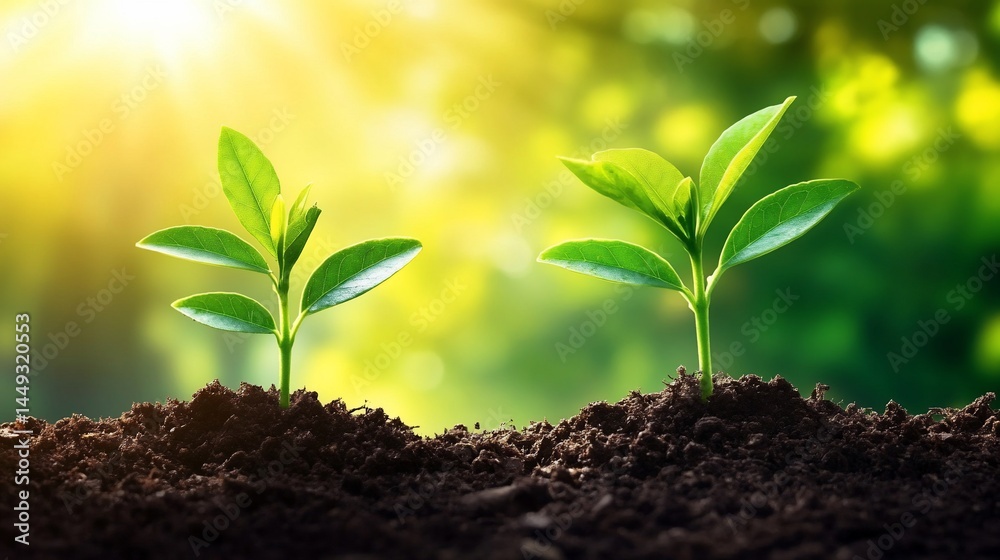 Two young plants sprout from fertile soil, bathed in sunlight Two young plants sprout from fertile soil, bathed in sunlight