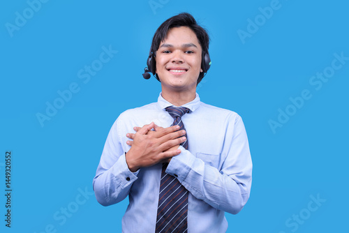 Photography Professional customer care with hands on chest, showing gratitude and kindness o