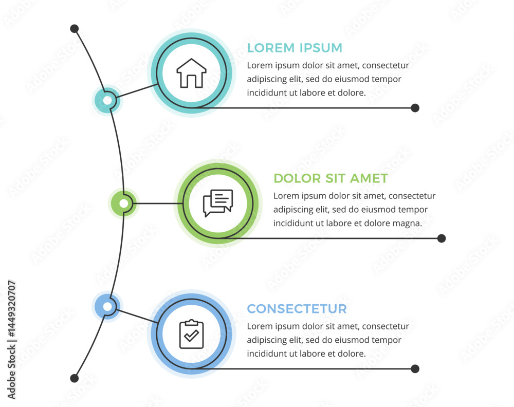Naklejka premium Infographic template with three circular options connected by a line, suitable for business presentations, workflow steps, data visualization, vector eps10 illustration
