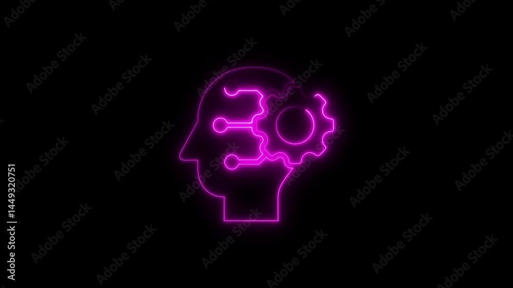 Glowing neon human head brain with gear symbolizing artificial intelligence and technology Glowing neon human head brain with gear symbolizing artificial intelligence and technology