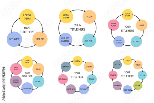 Set of hand drawn circular diagrams with circles connected by arrows, vector eps10 illustration