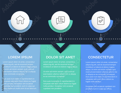 Infographic template of a process or workflow with three rectangular elements for your text, dark background, vector eps10 illustration
