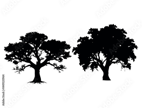 Nine Silhouettes of Majestic Trees, Ideal for Graphic Design,likely inspired by bonsai or other stylized tree forms. tree set, logo, vector illusatration, bonsai, tree, silhouette, bonsai, tree, silho