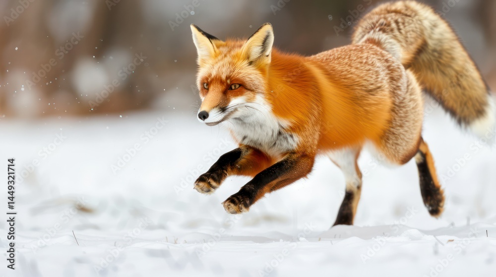 Fototapeta premium Energetic Red Fox Running Fast Through Snowy Forest Du Winter Day with Blurred Trees and Bright Natural Light, Captu Wildlife Action in Nature Scene
