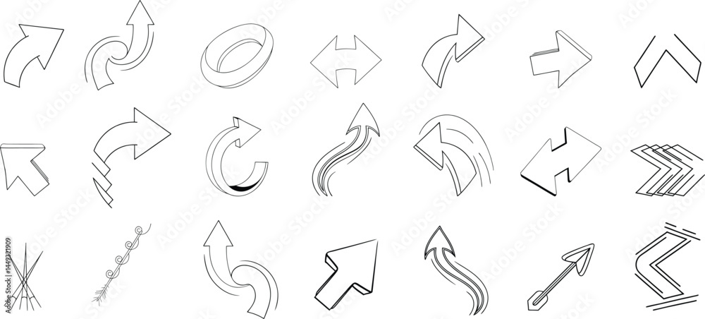 Dynamic arrow icon set with curved, straight, circular, and angular styles for navigation and UI. Includes sketch-style hand-drawn vector arrows. Perfect for direction, design, and infographics. Dynamic arrow icon set with curved, straight, circular, and angular styles for navigation and UI. Includes sketch-style hand-drawn vector arrows. Perfect for direction, design, and infographics.
