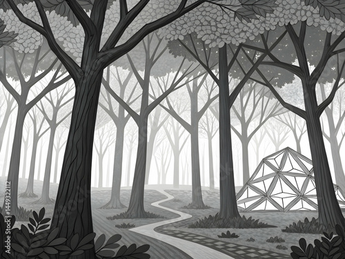 Misty white fog blankets the winter trees in the park, creating a cold, dark landscape scene