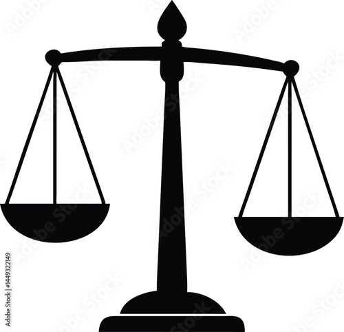 Black silhouette depicts scales of justice emblem on a white surface perfectly balanced