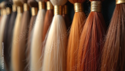 Illustration of human hair samples bundles for wig production. Various hair colors for different hair styles. Hair extension market and product showcase, industry supply.