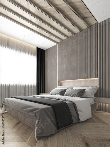 The beautiful modern house and mock up bed decor in minimal bedroom and wood floor and wooden wall background. 3d rendering
