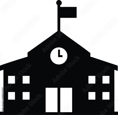 Black silhouette illustrates a simple school building with clock and flag on top