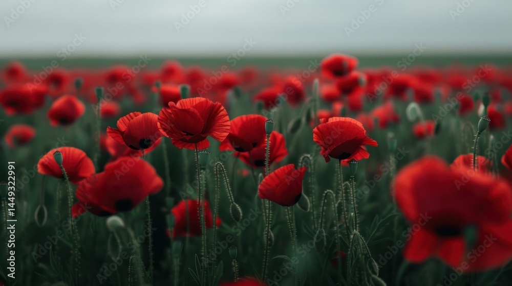Obraz premium Vibrant Red Poppy Flowers Blooming in a Wide Field Under a Soft Overcast Sky Du Sp or Summer Days for Nature, Gardening, and Floral Photography