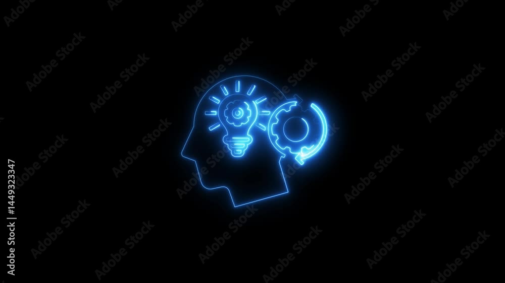 Glowing neon animation of a brain with light bulb and gear on a black background Glowing neon animation of a brain with light bulb and gear on a black background