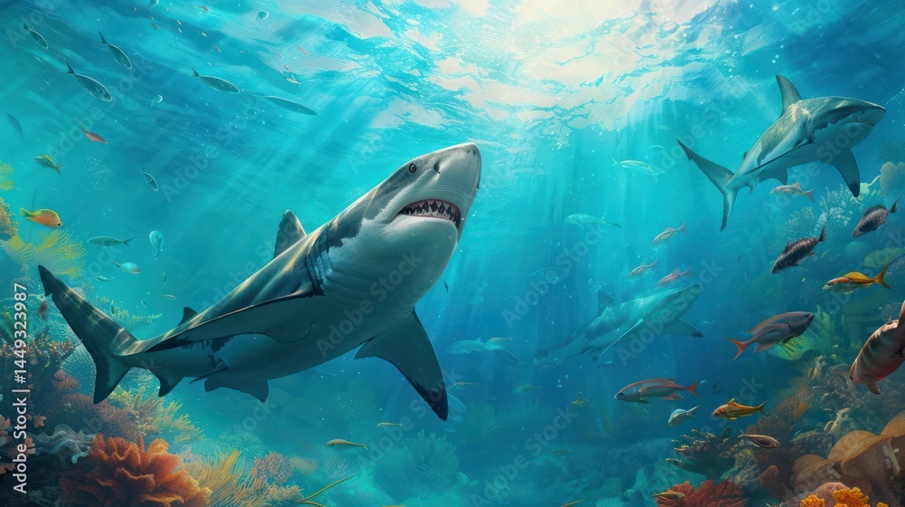 Obraz premium Underwater Scene Featu a Great White Shark Swimming Among Colorful Reef Fish and Coral with Sunlight Penetrating Ocean Water in a Vibrant Marine Environment