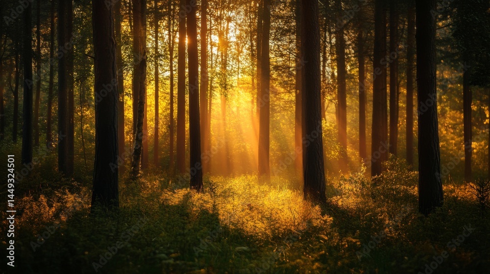 Obraz premium Sun rays shining through trees in the forest, creating a magical and peaceful atmosphere
