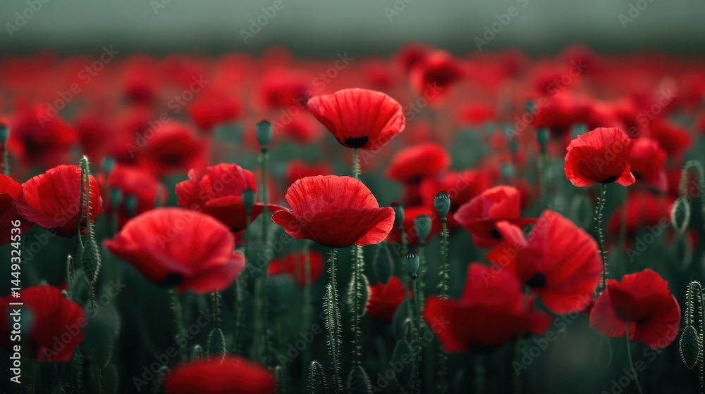 Obraz premium Bright Red Poppy Flowers Blooming in a Field Du Daytime on a Sunny Day with Green Stems and Leaves Creating a Lush, Vibrant Natural Landscape Scene