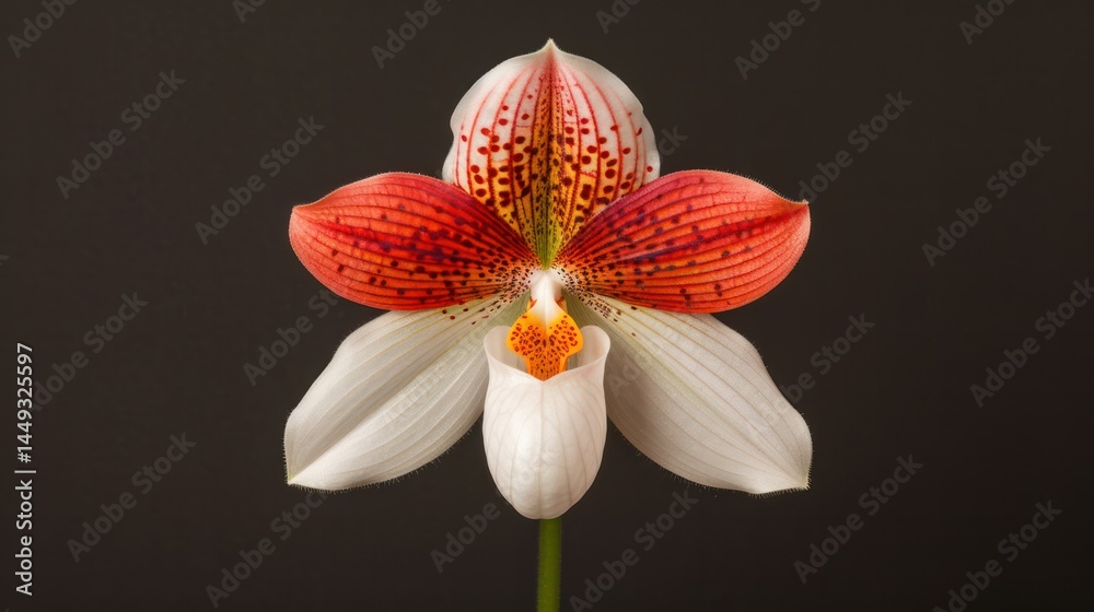 Fototapeta premium Close-up of a beautiful colorful orchid flower with detailed petals and vibrant patterns on a dark background suitable for botanical, floral, and nature themes