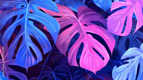 Vibrant Neon Pink and Blue Monstera Leaves Tropical Background