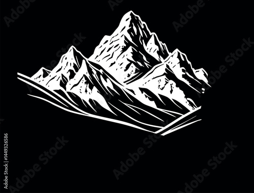  Mountain Silhouette,  A powerful, stylized silhouette of a mountain range.Majestic Mountain Silhouette Against a white Background, silhouette, graphic, illustration, vector, snow peaks, rock face, al