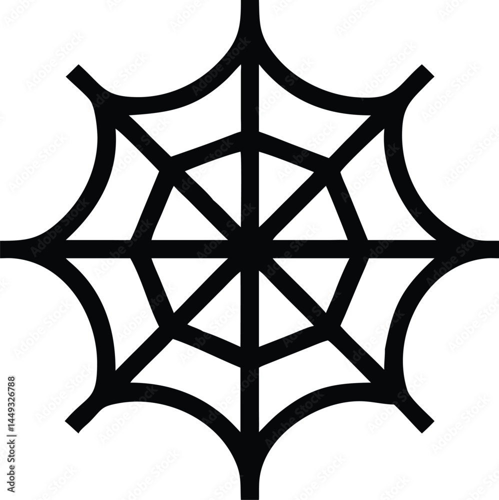 Eightpointed black spiderweb with linear construction and radiating geometric design against a white backdrop Eightpointed black spiderweb with linear construction and radiating geometric design against a white backdrop