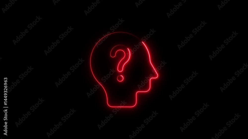 Glowing neon outline of a human head and a question mark symbol on black background