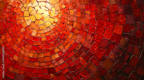 A red mosaic tile design with a yellow sun in the center