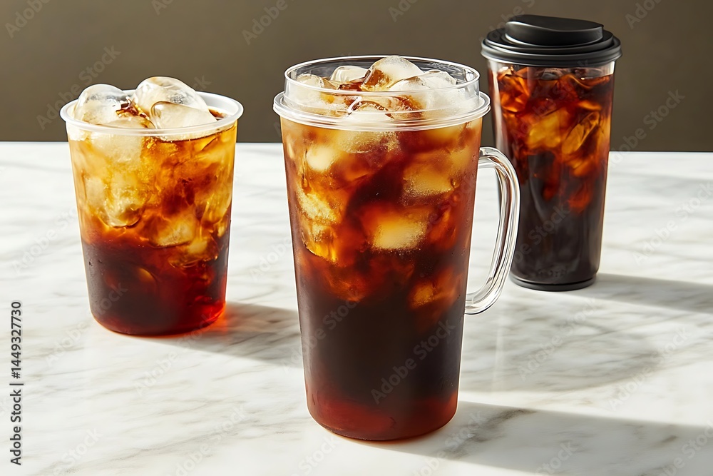 countertop iced coffee aesthetic in reusable cup on marble luxury