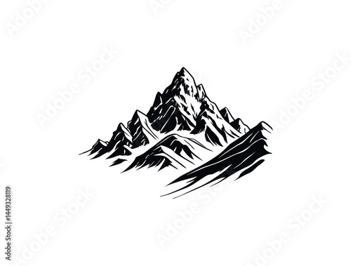  Mountain Silhouette,  A powerful, stylized silhouette of a mountain range.Majestic Mountain Silhouette Against a white Background, silhouette, graphic, illustration, vector, snow peaks, rock face, al