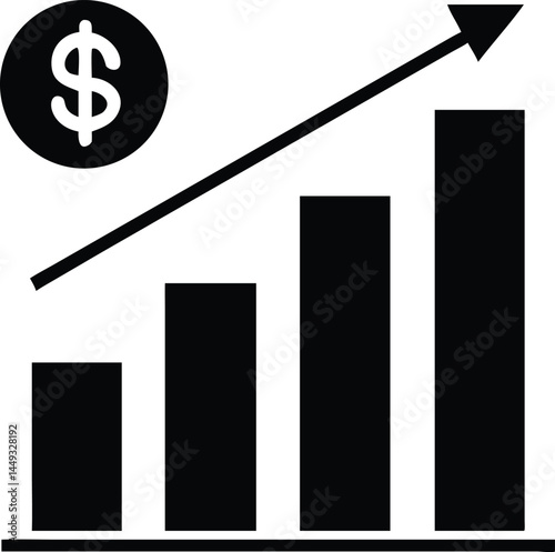 Increasing revenue is demonstrated by the ascending arrow over a dollar coin and chart