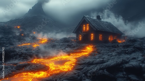 Isolated dwelling amidst volcanic landscape, glowing with fiery rivers.