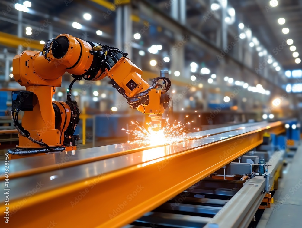 A robotic arm applying heavyduty tape on a steel beam in a factory