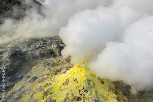 Yellow Sulphur Deposits Around The Sulphur Vents At Mount Io, Japan