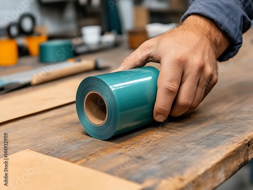 A roll of duct tape being used to seal a leaky pipe in a workshop
