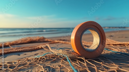 A roll of ecofriendly tape used to mend a torn fishing net on the shore