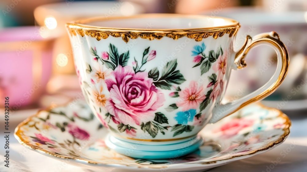 Fototapeta premium Elegant Floral Teacup and Saucer Vintage Design