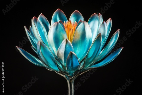 Vibrant teal lotus flower design against a dark background.
