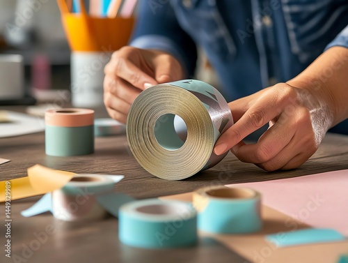 Obraz na płótnie A roll of washi tape being used for creative scrapbooking w salonie