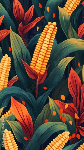 Maize and Colorful Floral with Green Leafy Pattern, Elegant Organic Decorative Design