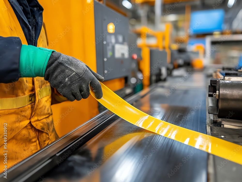 A worker wrapping safety tape around an industrial machine